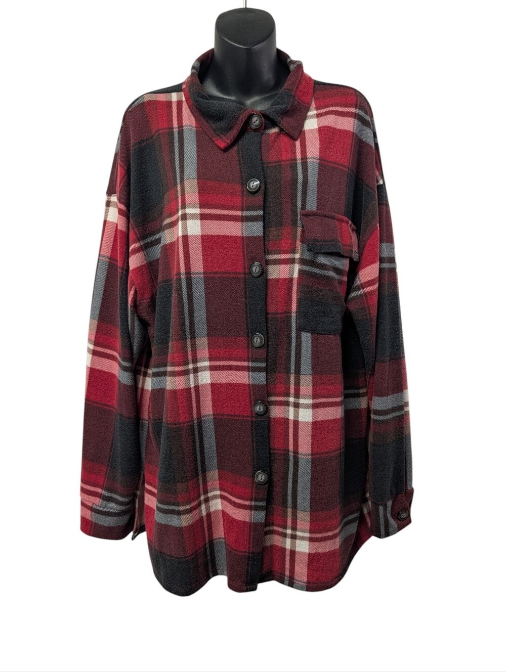 Liberty Love Womens Red Black Plaid Button Up Shirt Shacket Soft Stretch XL